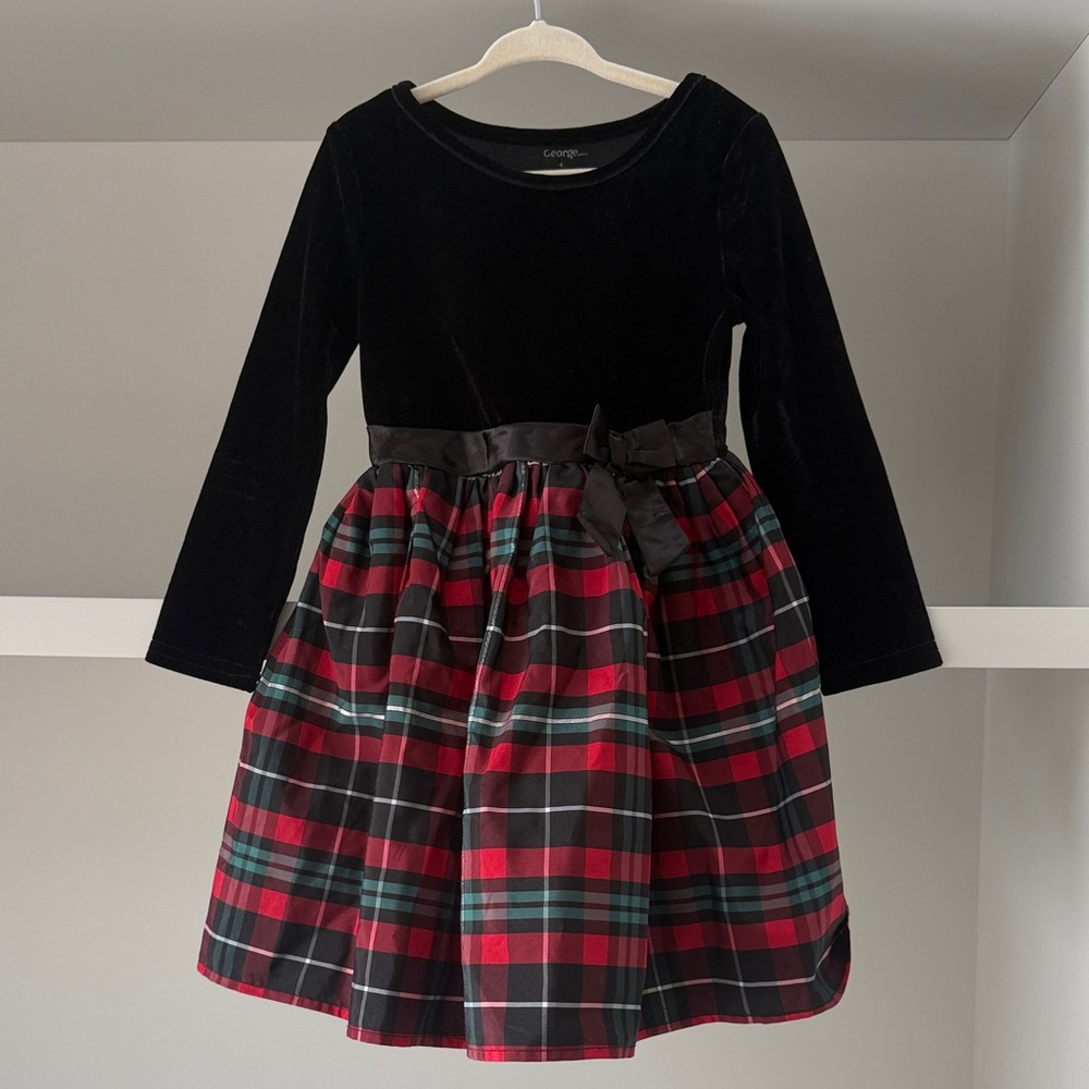 George Black Velvet Bodice Red Plaid Skirt Dress